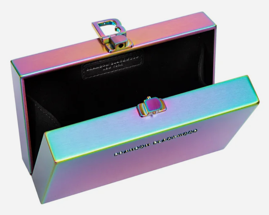 opening of the Brandon Blackwood Limited Edition Slim Clutch in Iridescent Stainless Steel